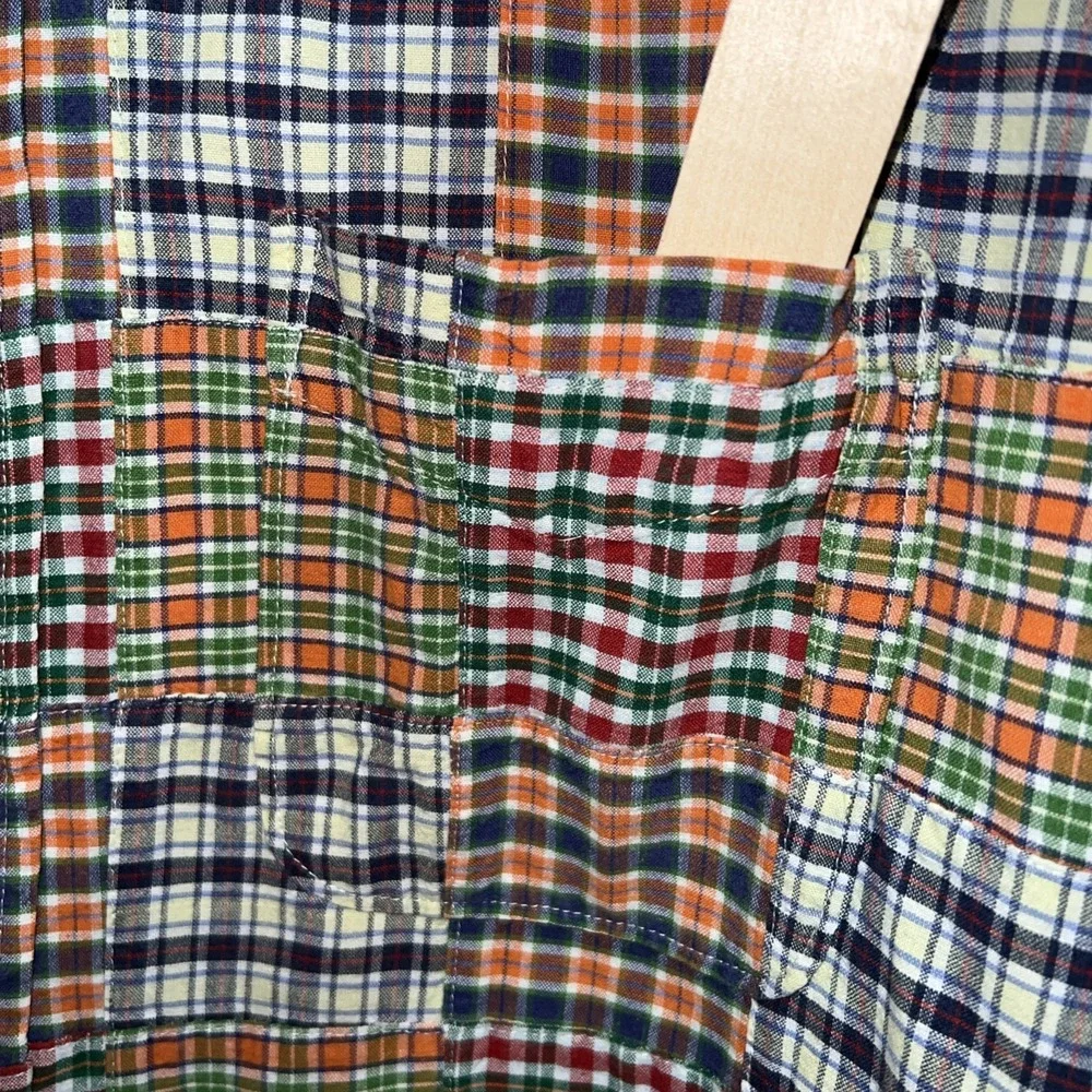 Vtg J. Crew Oarsman Multicolor Patchwork Madras Plaid Button Down Shirt Men XL